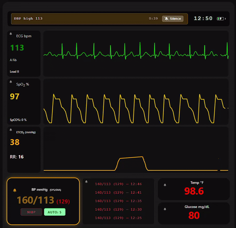 TMA — live product demo: instructor adjusts vital signs on the controller while the patient monitor display updates in real time